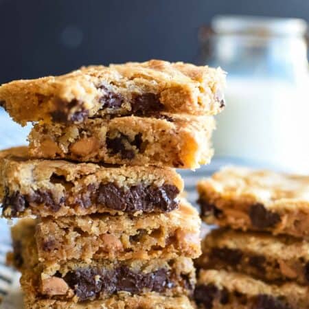 A stack of bar cookies made with butterscotch and chocolate chips.
