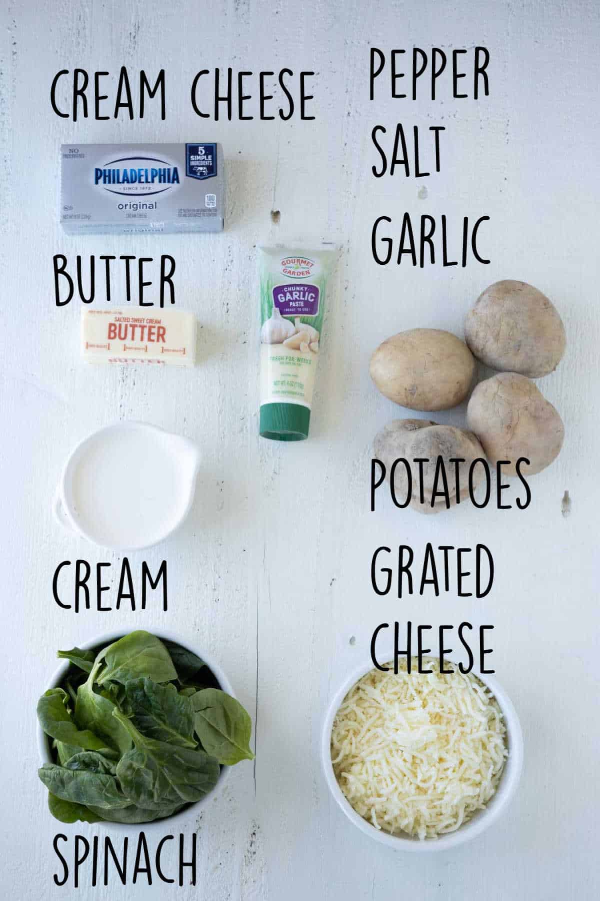 An image with ingredients needed to make mashed potatoes and spinach.
