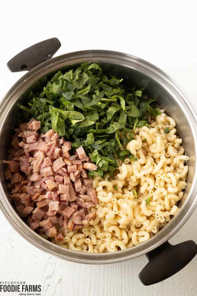 A pot with chopped spinach, diced ham, and cooked elbow macaroni noodles.
