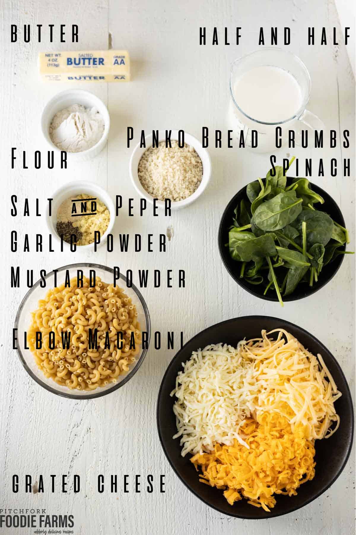 An image showing ingredients needed to make mac n cheese with spinach and ham.