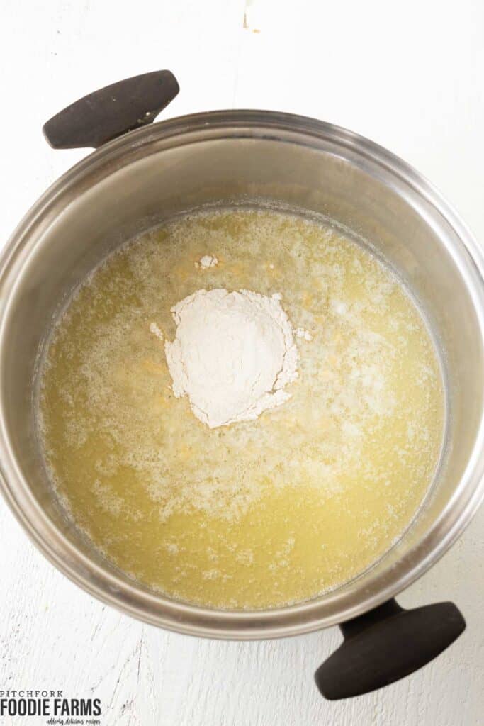 Melted butter and flour in a pot.