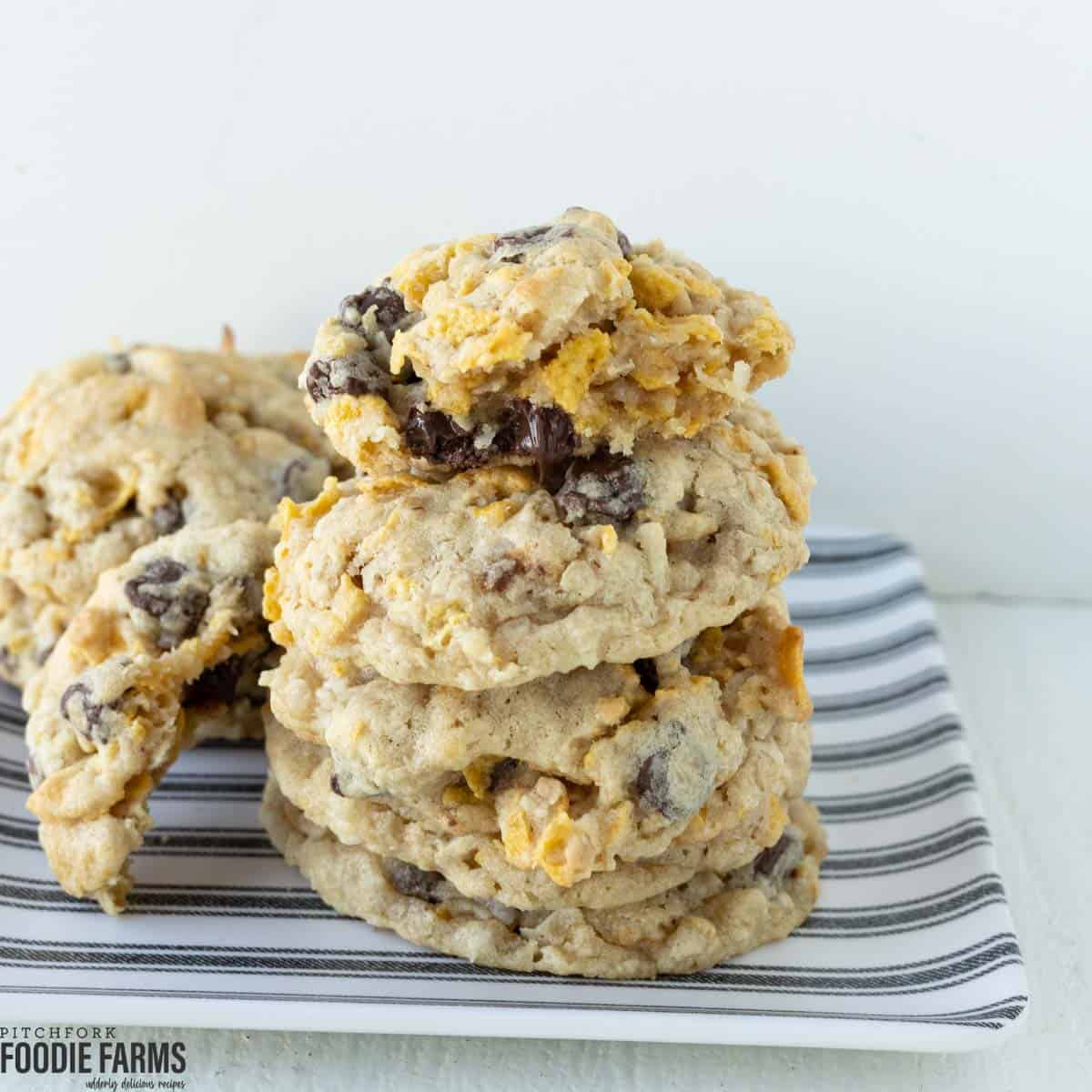 A stack of cookies with coconut, chocolate chips, oats, and cornflakes.
