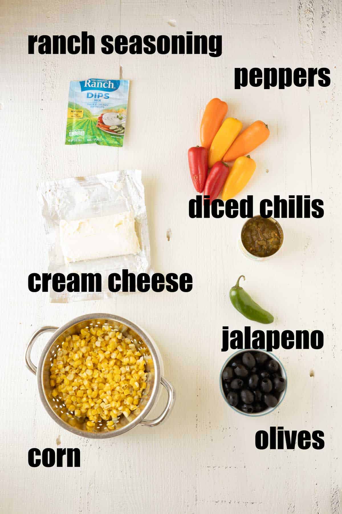 Ingredients needed to make skinny poolside dip with cream cheese and ranch dressing.