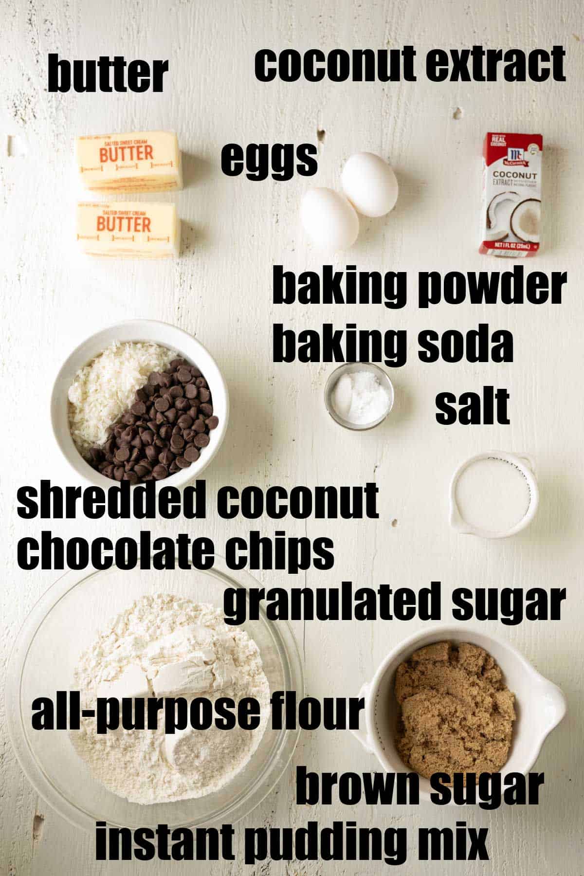 Ingredients needed to make chocolate chip coconut cookies.