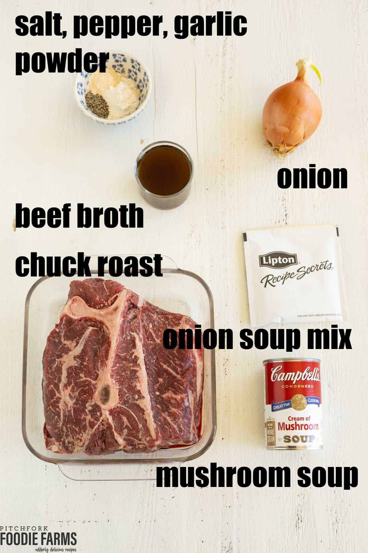 Ingredients needed to make a pot roast on a white board.