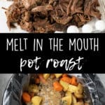 A graphic with shredded raost beef on a plate and roast beef in the slow cooker.